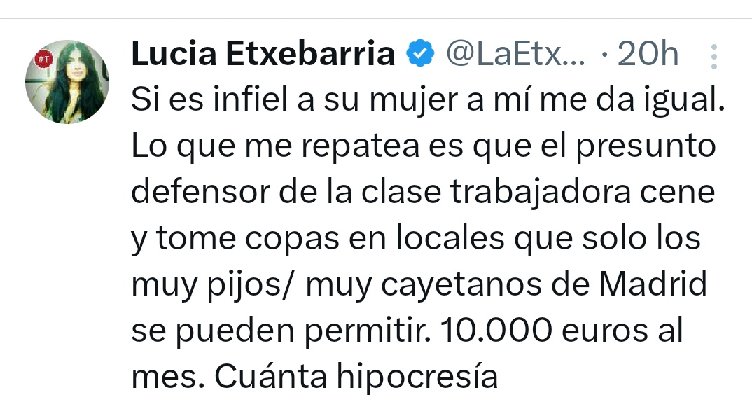 La plagios todavía no ha entendido que puedes defender a los trabajadores sin necesidad de cobrar el subsidio de desempleo. Ser como Froilan y malgastar dinero público hasta los 18 años bien.  Ser de izquierdas y tomar algo en un sitio caro mal .