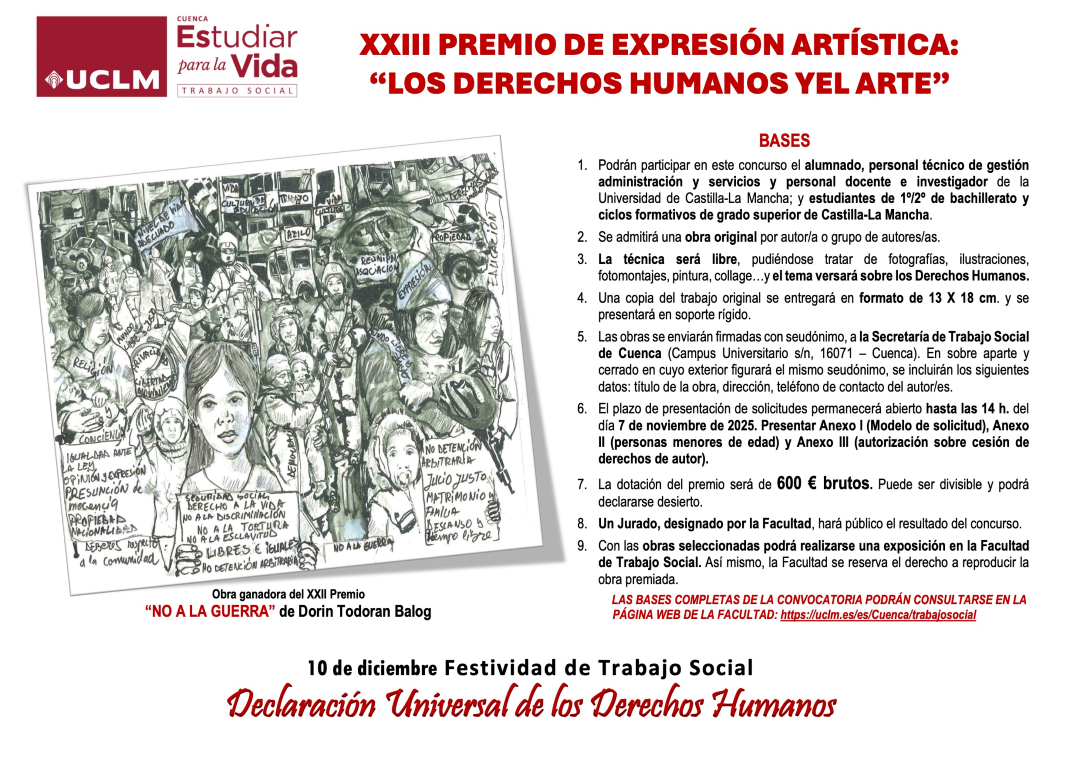Te recordamos que está abierta la convocatoria del XXIII Premio de #ExpresiónArtística: "Los Derechos Humanos y el Arte que convoca nuestra Facultad de Trabajo Social de #Cuenca:
¡Anímate y presenta tu creación!
👇👇
goo.su/LztUN2w