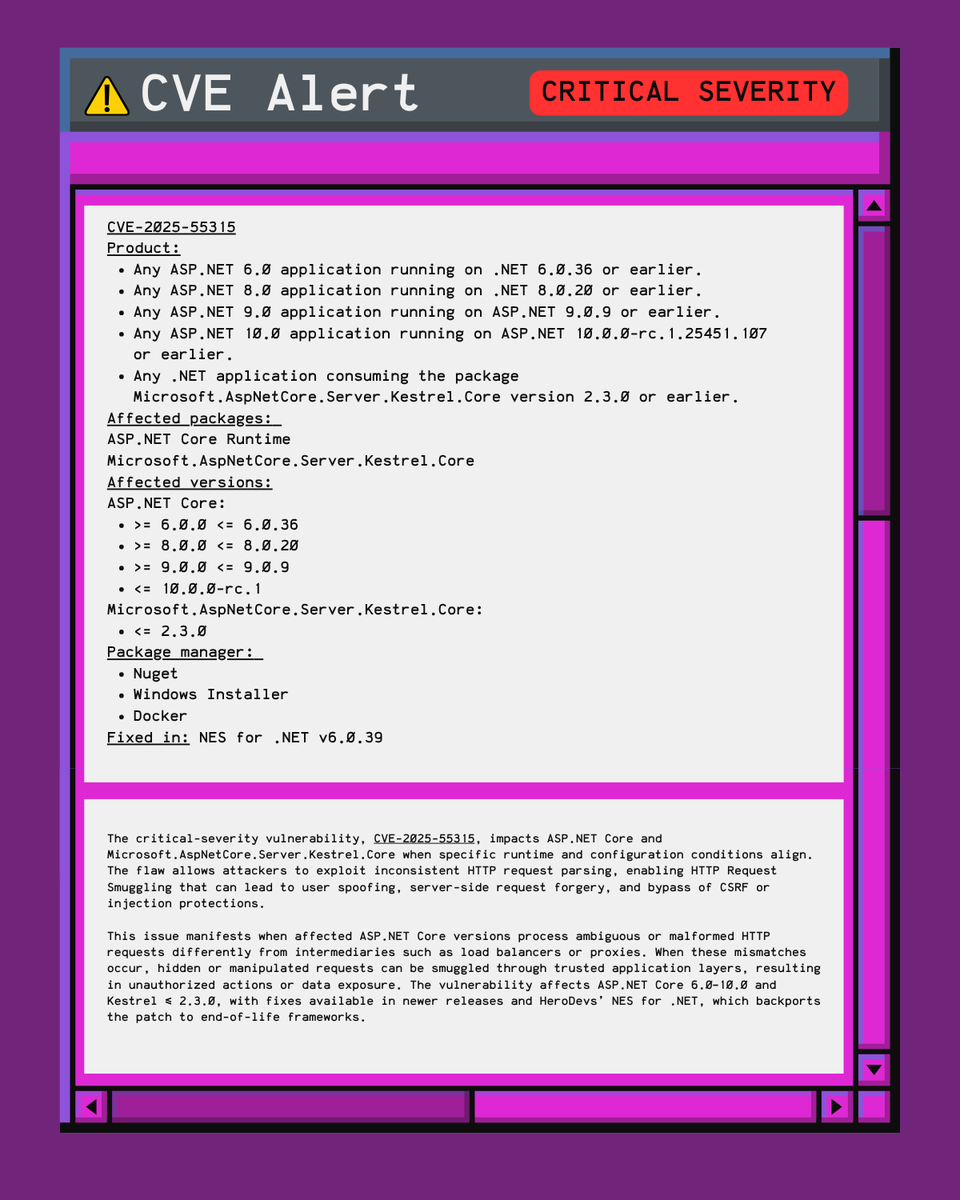 herodevs's tweet image. 🚨 CVE-2025-55315: Critical HTTP Request Smuggling flaw in ASP.NET Core 6-10 and Kestrel ≤ 2.3.0.
Ambiguous HTTP parsing lets attackers slip past security checks.

HeroDevs NES for .NET backports the fix for EOL frameworks.

#CVE202555315 #dotnet #AppSec…