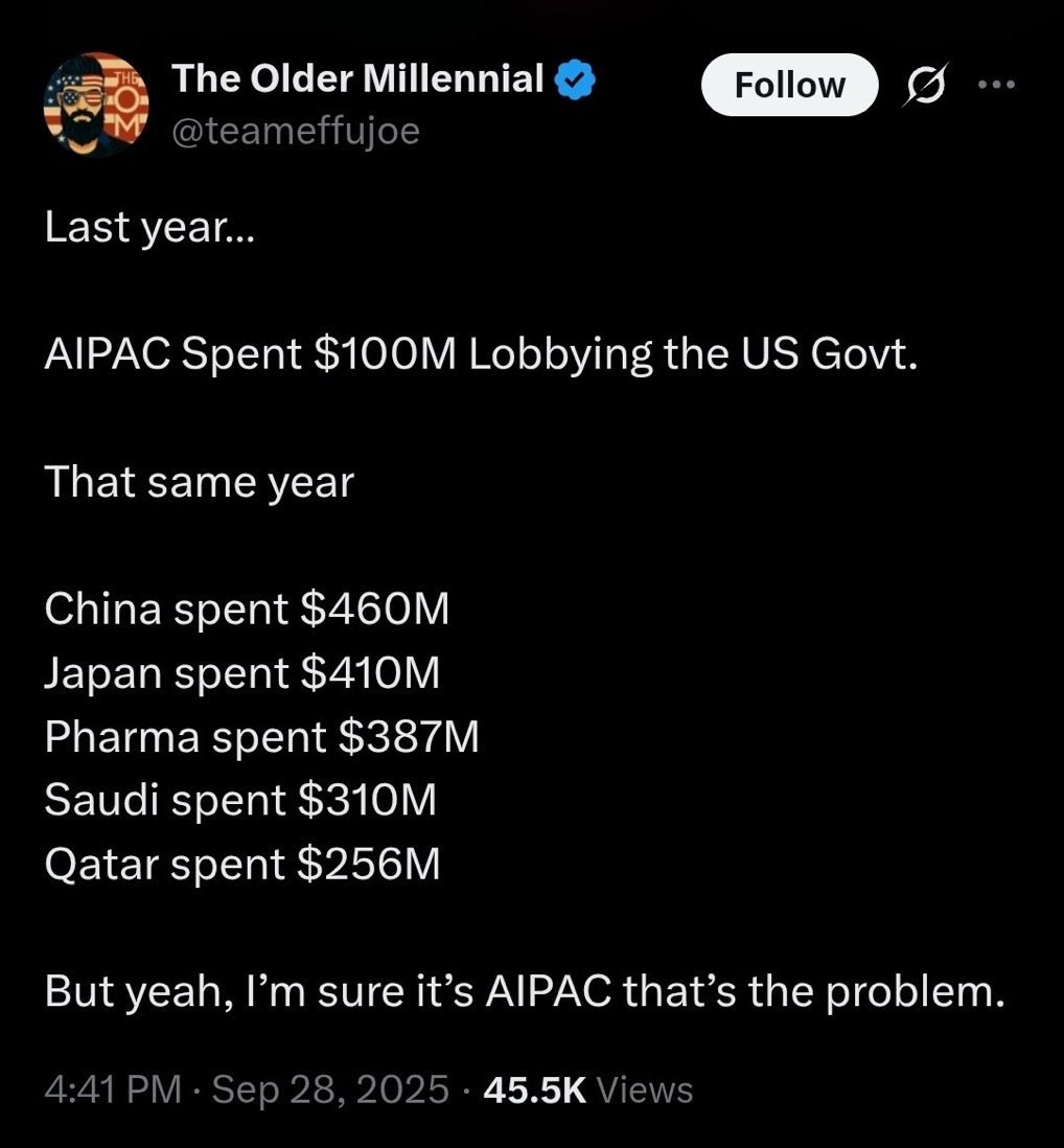 <a href="/sethmoulton/">Seth Moulton</a> What about China? Japan? Qatar? Pharma? Saudi?

They’ve each  lobbied THREE TIMES or MORE  as AIPAC. 

Will you denounce them, too?