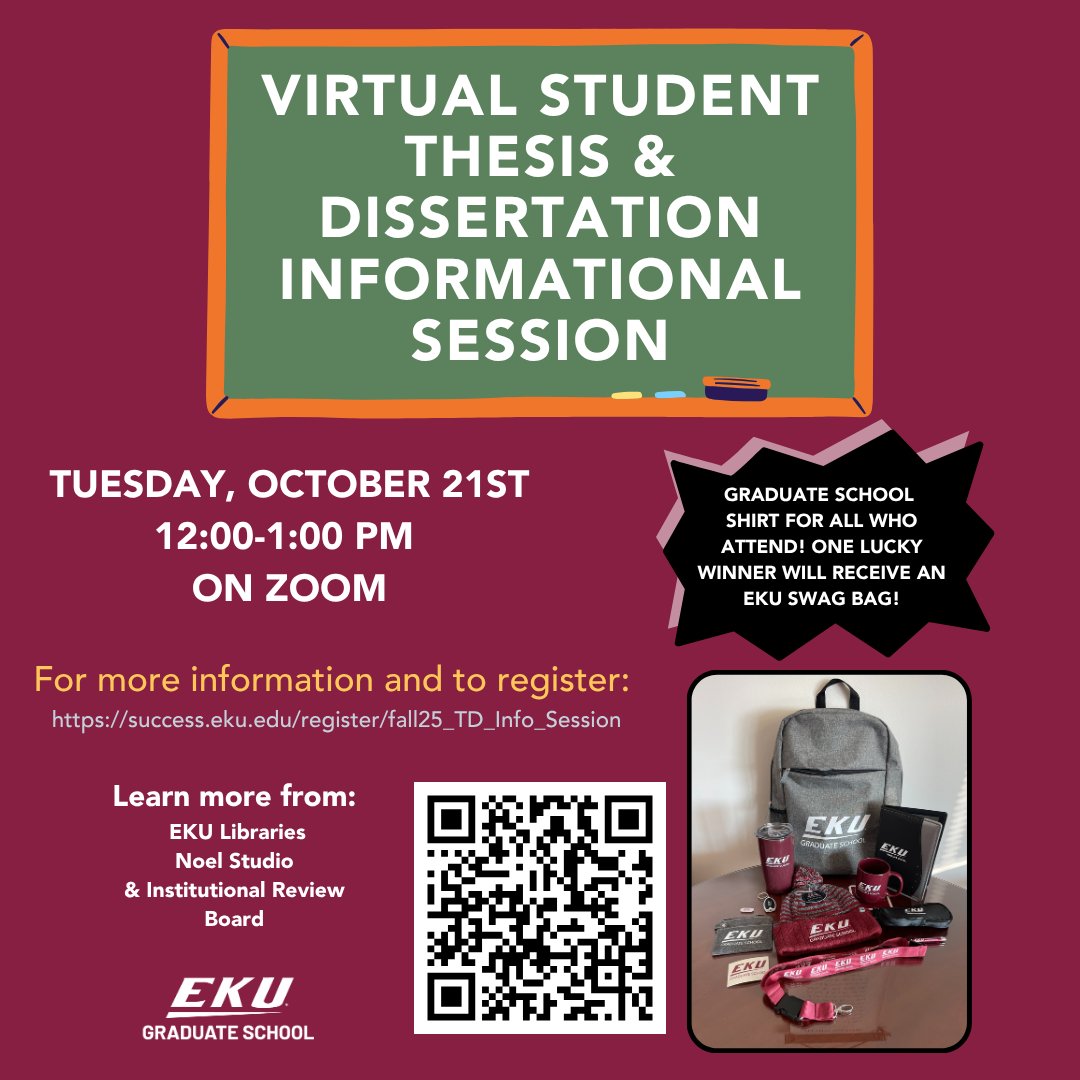 Working on your thesis or dissertation? Join our Thesis/Dissertation Workshop on Oct. 21 from 12–1 PM for tips and resources to help you succeed! Register with the QR code above or using this link: success.eku.edu/register/fall2…