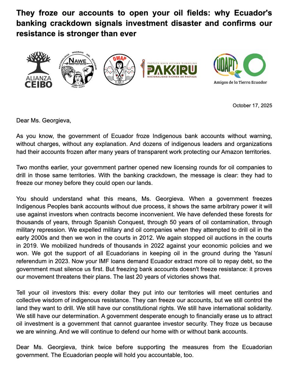 oscar_soria's tweet photo. For context: we're now at the end of week 4 of nationwide protests, with 2 dead and 100+ arrested. The Indigenous are basically telling Georgieva to tell investors: a government desperate enough to financially erase them can't guarantee investment security either. https://t.co/EECuP9v4Us