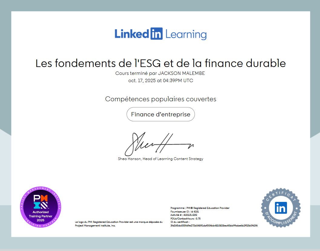 Je viens de terminer le cours “Les fondements de l'ESG et de la finance durable” de Matthieu Bruckert ! Regardez : lnkd.in/dGdmHsM9 hashtag#financedentreprise.