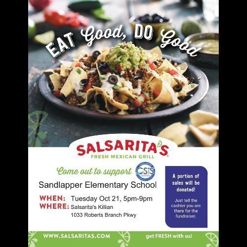 Don’t forget! 🌮 PTO Family Night at Salsarita’s is Tuesday, October 21st, from 5–9 PM!
Skip the kitchen, enjoy a great meal, and support Sandlapper Elementary — just tell the cashier you’re there for our fundraiser! 💙⭐  #SandlapperStrong #PTOEvent #EatGoodDoGood