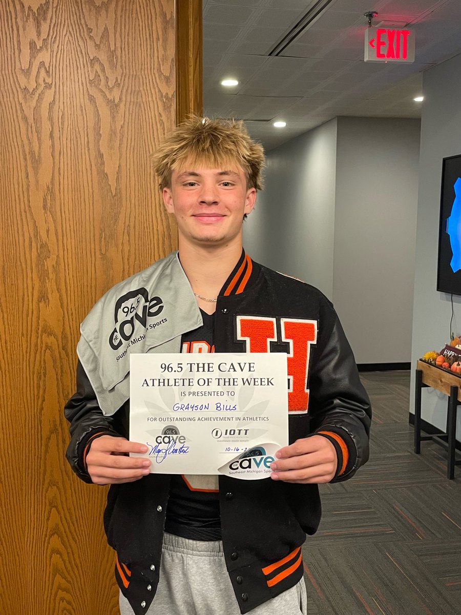 Congrats to Grayson Bills on being named the Iott Insurance Athlete of the Week this past Thursday on “Inside the Cave”. Grayson was huge in Hudson’s victory over Clinton last Friday night to keep the Tigers undefeated &amp; in 1st place in the LCAA. Good luck the rest of the season!
