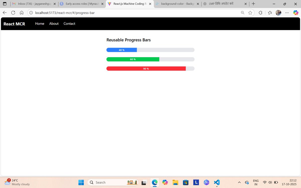 jaySmilet's tweet image. Built a custom animated Progress Bar in React for my interview prep!
Demo 👉 tinyurl.com/4fnau8sa
Source Code 👉 github.com/jaySmilet/reac…
Feedback welcome!
#ReactJS #frontend #webdevelopment #JavaScript #100DaysOfCode