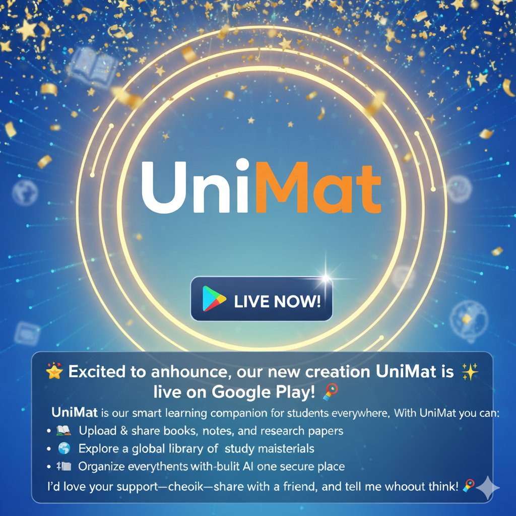 KafiulIslam3's tweet image. 🎉 Excited to announce, my new creation 𝐔𝐧𝐢𝐌𝐚𝐭 is live on Google Play!

𝐔𝐧𝐢𝐌𝐚𝐭 is our smart learning companion for students everywhere.

play.google.com/store/apps/det…

#codertent #flutter #ios #android #mobileappdevelopment #EUTech