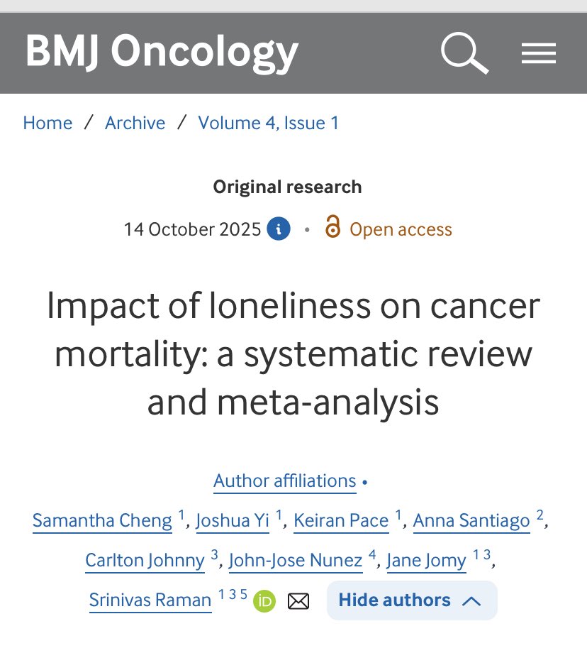 نُشرت قبل أيام دراسة في مجلة BMJ Oncology تشير إلى أن مرضى السرطان –شفاهم الله– الذين يعيشون في عزلةٍ اجتماعية، يكونون أكثر عرضةً للوفاة مقارنةً بغيرهم ممن يتمتعون بعلاقاتٍ اجتماعيةٍ طبيعية.

وتُرجع الدراسة ذلك إلى عدة أسباب محتملة، منها:
١- أن العزلة الاجتماعية تُضاعف من الضغوط