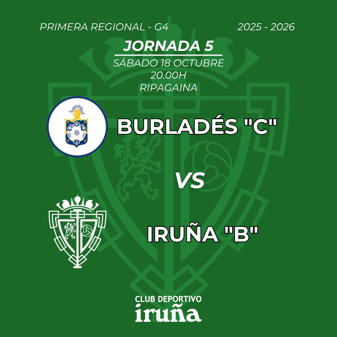 🏆 Jornada 5 #primeraregional 
🆚 <a href="/ucdburlades/">U.C.D. BURLADÉS</a>
🗓️ Sábado 18 de octubre 
🕕 20.00h
📍 Ripagaina 
💪🏼#vamosverdes #goazenberdeak 
💚#aupairuña