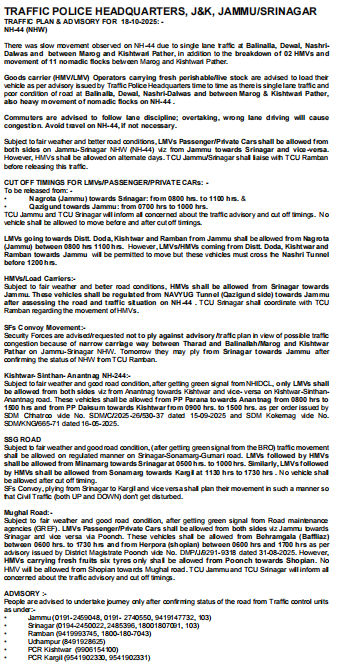 Traffic_hqrs's tweet image. Traffic Plan/Advisory for 18-10-2025
@JmuKmrPolice
@JKTransportDept
@OfficeOfLGJandK
@Divcomjammu
@DivComKash
@ZPHQJammu
@igpjmu
@diprjk
@ddnews_jammu
@ddnewsSrinagar
@ddnewsladakh