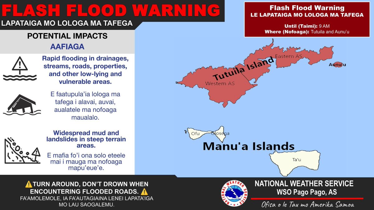 NWSPagoPago's tweet photo. A Flash Flood Warning is now in effect for Tutuila and Aunu'u Islands until 9 AM. #ASwx https://t.co/rwm17wQqIw
