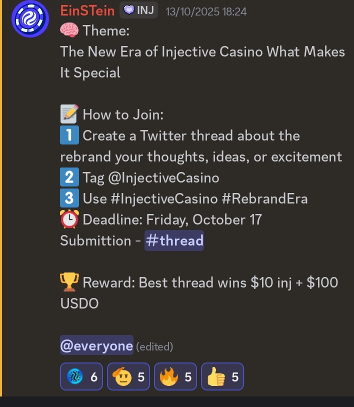 catastopher1's tweet photo. The @injcasino rebrand looks clean ๐
Theyโre even running a thread contest with prizes in $INJ .
I have to say, they really know how to keep things interesting ๐.
They extended the deadline BTW.
#INJCasino #Rebrand #INJRewards https://t.co/R8XHfuC0Z1