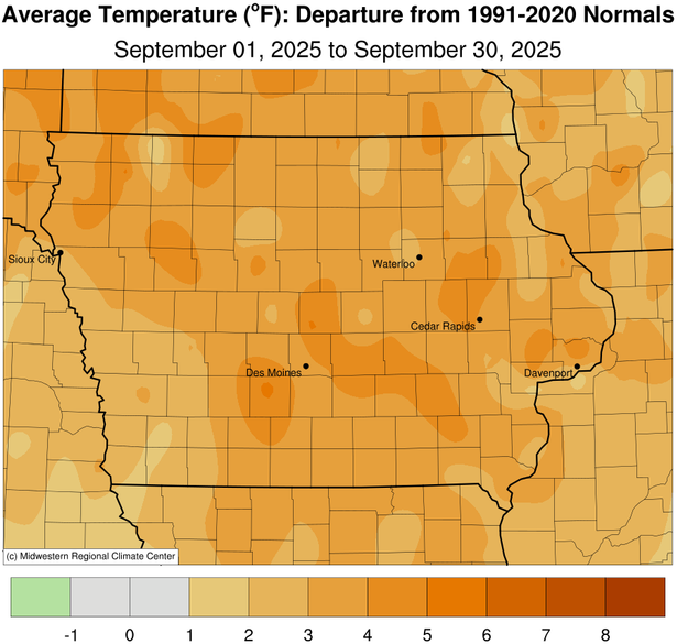 JustinMGlisan's tweet image. September 2025 Preliminary Temperature &amp;amp; Precipitation Summary: #IA’s average temp. was 67.1°F, +3.4°F. Precip. totaled 1.70", 1.78" below normal. September 2025 ranks among the 25th warmest/driest on record; last Sep. was warmer and drier. #IowaClimate #IowaAg #Harvest25