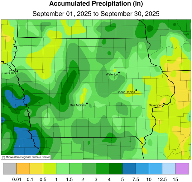 JustinMGlisan's tweet image. September 2025 Preliminary Temperature &amp;amp; Precipitation Summary: #IA’s average temp. was 67.1°F, +3.4°F. Precip. totaled 1.70", 1.78" below normal. September 2025 ranks among the 25th warmest/driest on record; last Sep. was warmer and drier. #IowaClimate #IowaAg #Harvest25