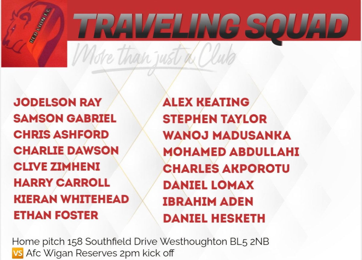 Seems like an age since our last game but bigger shock we finally get to play a home game 😮

Here's the squad list and details

Saturday 18th October
2pm kick off
Red lions fc 🆚️ Afc Wigan Reserves 
158 Southfield Drive Westhoughton
Bolton
BL5 2NB