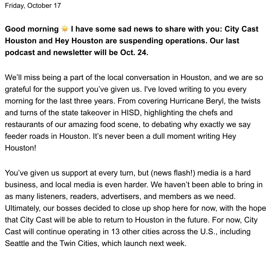 incredible bummer: City Cast Houston's podcast and newsletter is ending at the end of this month.