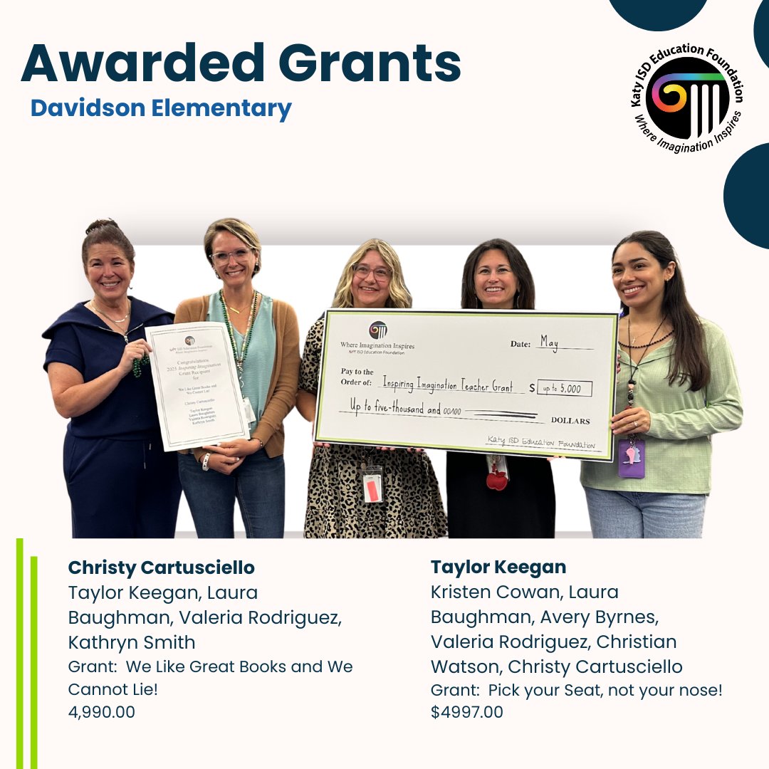 At Davidson Elementary, Katy ISD Education Foundation grants are sparking creativity and choice as students dive into book club favorites with We Like Great Books and We Cannot Lie! and learn in comfort with flexible seating through Pick Your Seat, Not Your Nose!