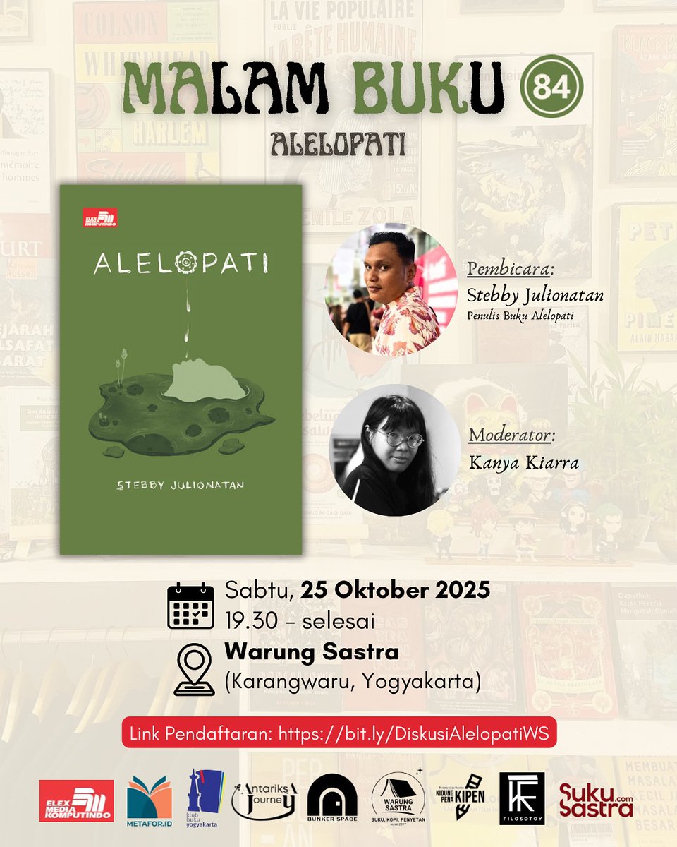 warungsastra's tweet photo. MALAM BUKU #84

Kali ini, kita akan membahas buku Alelopati yang diterbitkan oleh Elex Media Komputindo. Buku akan dibahas oleh Stebby Julionatan (Penulis) dan dimoderatori oleh Kanya Kiarra.

Jangan lupa datang, hari Sabtu tanggal 25 Oktober 2025! https://t.co/nwIYvLRyvx
