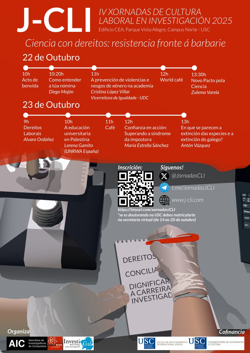 📣 Lembrade que a próxima semana volven as <a href="/JornadasCLI/">Jornadas Cultura Laboral Investigación</a> a Santiago!
📆Mércores 22 e xoves 23 
📍Edificio CEA (USC)
Máis info:
j-cli.com/santiago-de-co…
