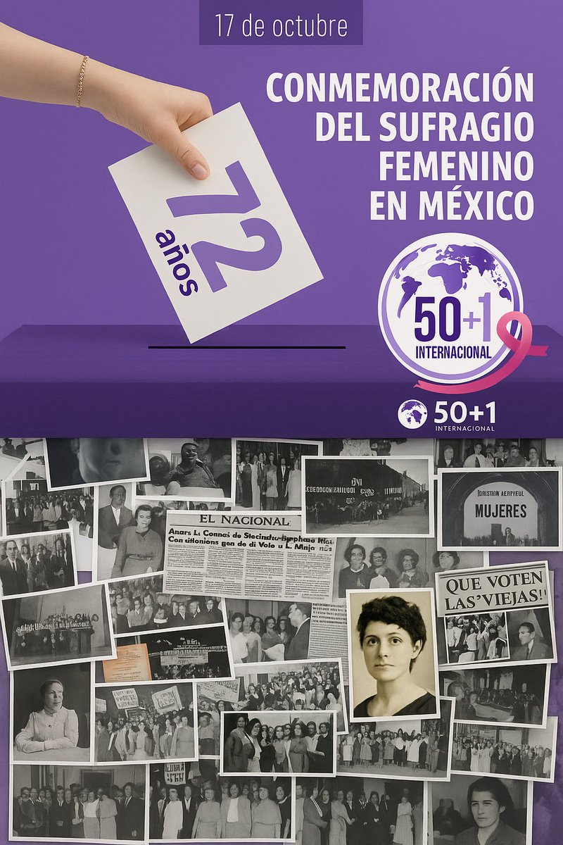 72 años del voto femenino en México 🇲🇽
Un derecho conquistado por mujeres valientes que soñaron con la igualdad y la democracia.
Honramos su legado participando, decidiendo y liderando. 💜

#72AñosDelVotoFemenino #MujeresEnDemocracia