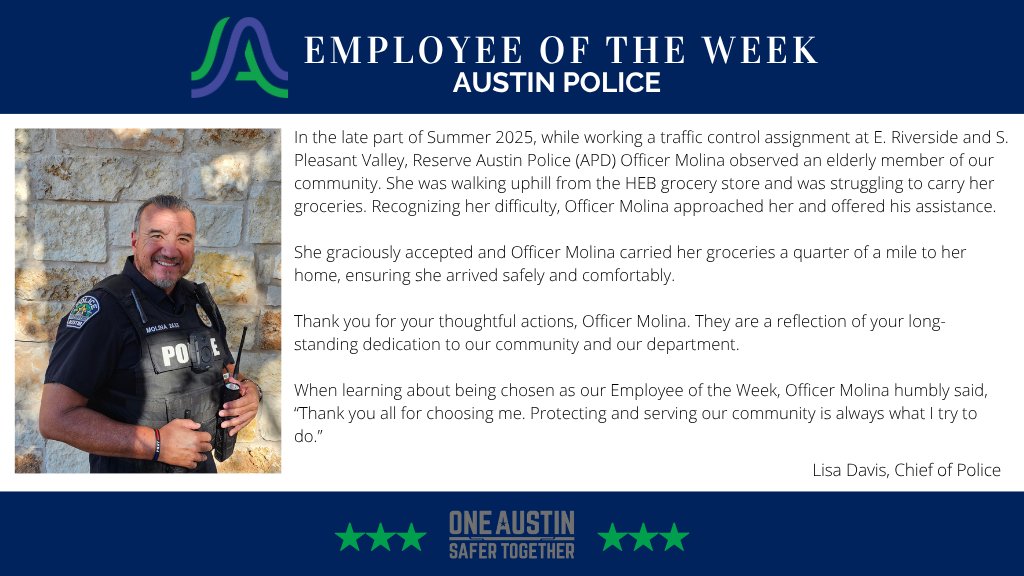 Austin_Police's tweet photo. We're proud to announce Reserve Austin Police Officer Gerardo "Jerry" Molina as our Employee of the Week. Even after serving the Austin Community for 29 years, Officer Molina continues to serve our community. Through the reserve program, he hopes to encourage more officers to remember the mission is to truly serve others which will help bridge the gap between law enforcement and our community.
-----
Nos enorgullece anunciar al oficial de policía de reserva de Austin Gerardo "Jerry" Molina como nuestro Empleado de la Semana. Incluso después de servir a la comunidad de Austin durante 29 años, el oficial Molina sigue prestando servicio a nuestra comunidad. A través del programa de reserva, espera motivar a más oficiales a recordar que la misión es servir verdaderamente a los demás, lo que ayudará a cerrar la brecha entre las fuerzas del orden y nuestra comunidad.