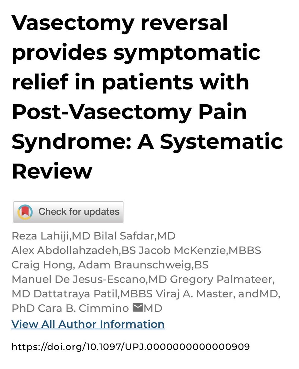 Just in! Our #systematicreview evaluating #vasectomy reversal for the treatment of #PVPS has now been made available online <a href="/UrologyPractice/">Urology Practice</a>!

Available at: doi.org/10.1097/UPJ.00…

#urology #UroSoMe #androgy #fertility #Chronicpelvicpain