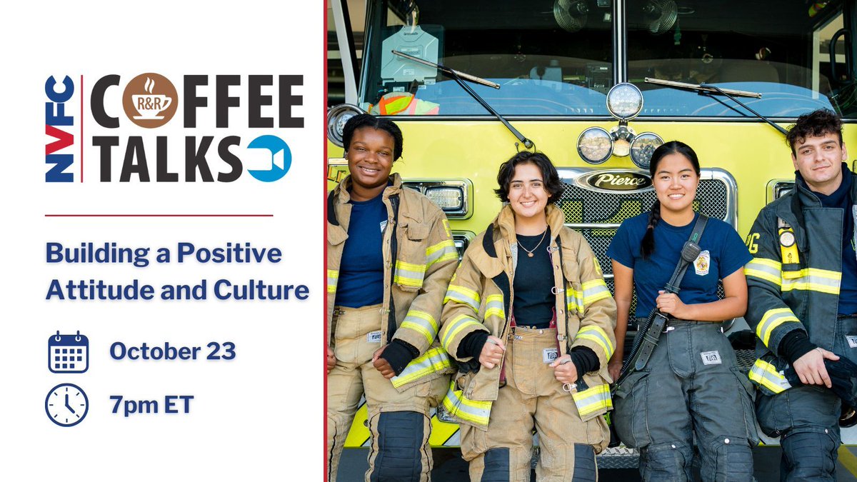 R&amp;R Coffee Talk: Building a Positive Attitude and Culture
October 23 | 7pm ET

Join us for a 30-minute NVFC Coffee Talk on how to create an environment that supports recruitment, retention, and teamwork.

👉 Register now: buff.ly/CaYdJ3o