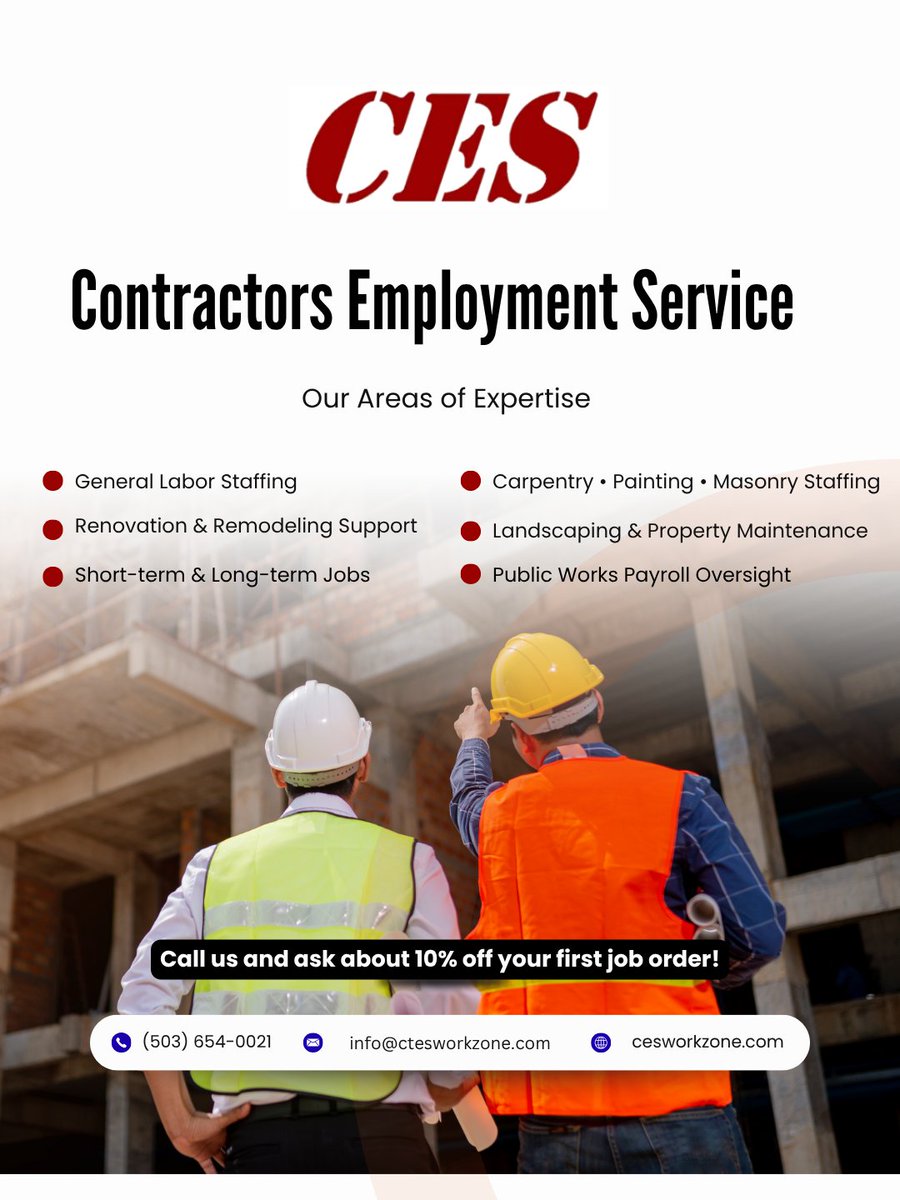 ces_workzone's tweet image. Need dependable crews to keep your projects on track? 👷‍♂️ C.E.S. connects you with skilled, pre-screened tradespeople ready to work. 
👉 cesworkzone.com | 📞 503-654-0021 
💡 Ask about 10% off your first job order!