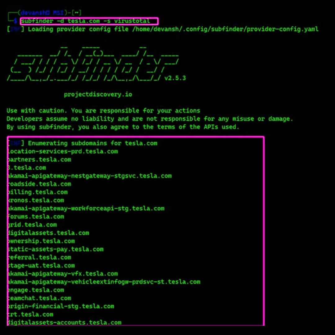 pdiscoveryio's tweet image. You can use Subfinder to find subdomains from specific data sources for more targeted reconnaissance.
For example: subfinder -d tesla. com -s virustotal to query only VirusTotal's dataset.
Want to learn more tricks?
Check out our complete guide to learn everything about…
