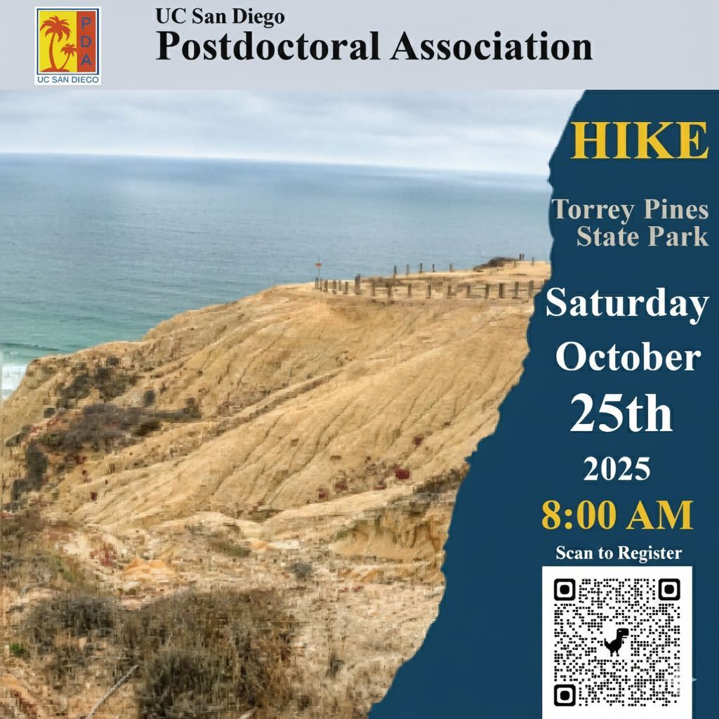 UCSDPDA's tweet image. Join us for the PDA Octoberfest Hike at Torrey Pines State Natural Reserve on Saturday, October 25, 2025, at 8:00 AM (hike starts at 8:15 AM sharp). The hike is ~3 miles (2 hours). Bring: water, comfortable shoes, and snacks. Parking: $20 at the park. Free/Street parking