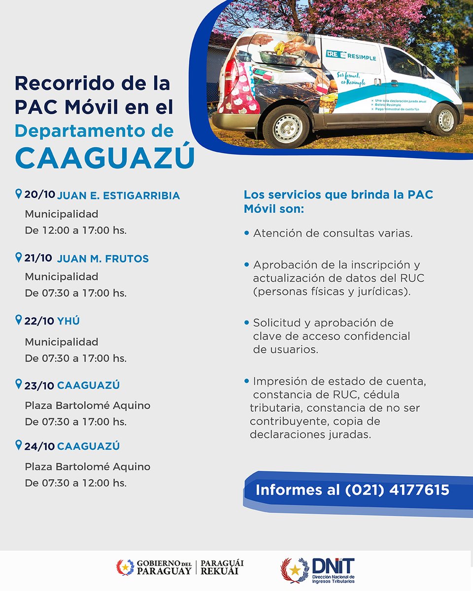 DNITpy's tweet image. 🚐 Nuestra Plataforma de Atención al Contribuyente Móvil #PACmóvil estará por Caaguazú la próxima semana.
🛣️ Aquí te compartimos su recorrido 👇