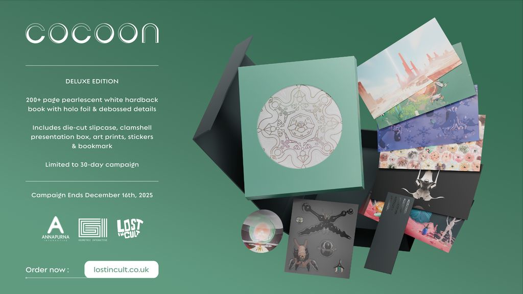 Cocoon: Design Works hatched last night, and you've got until the 16th December @ 6pm to pre-order the Deluxe Edition!

Our collaboration with <a href="/GeometricInt/">Geometric Interactive</a> chronicles the many worlds of Cocoon's development 🌌   

lostincult.co.uk/cocoon🪲