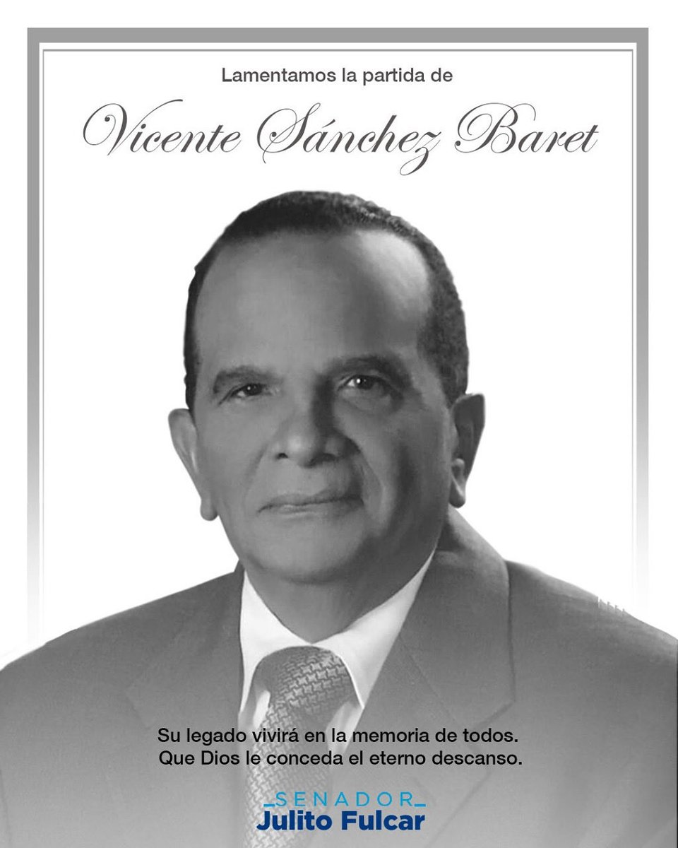 Expresamos nuestras más sinceras condolencias a <a href="/yadirahenriq/">Yadira Henriquez</a>, Vicente Sánchez y familiares por el fallecimiento de  Vicente Sánchez Baret, ejemplo de entrega, compromiso y lealtad al país. Su gran legado de servicio público y vocación democrática permanecerán en la historia.