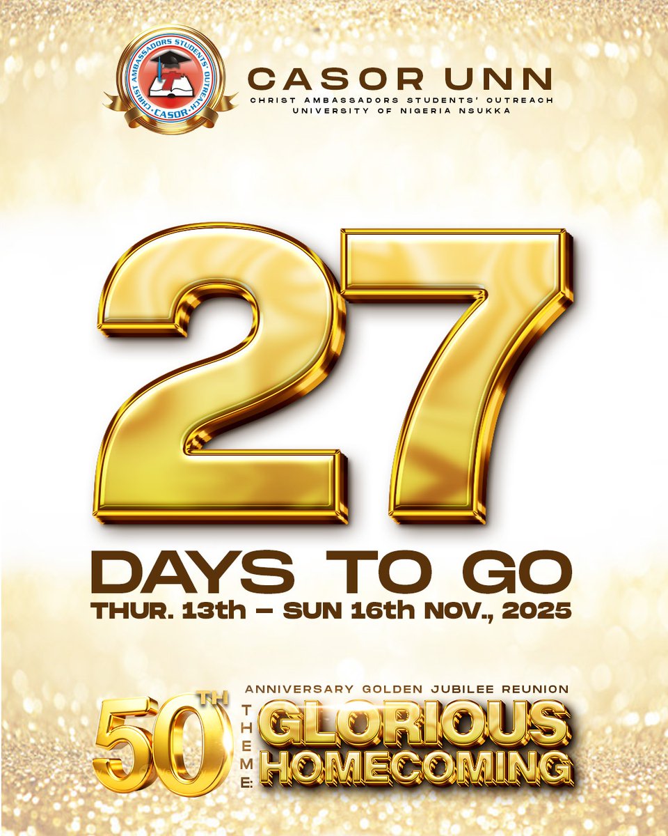 casorunn's tweet photo. 27 Days to Go!!! 

Generations have passed through the walls of CASOR UNN, carrying light into the world.

Now, we gather again to celebrate the God who never stopped working.

#CASORUNN50 #GloriousHomecoming #CASOR50Reunion #CASORUNN https://t.co/ioj4jJnC01