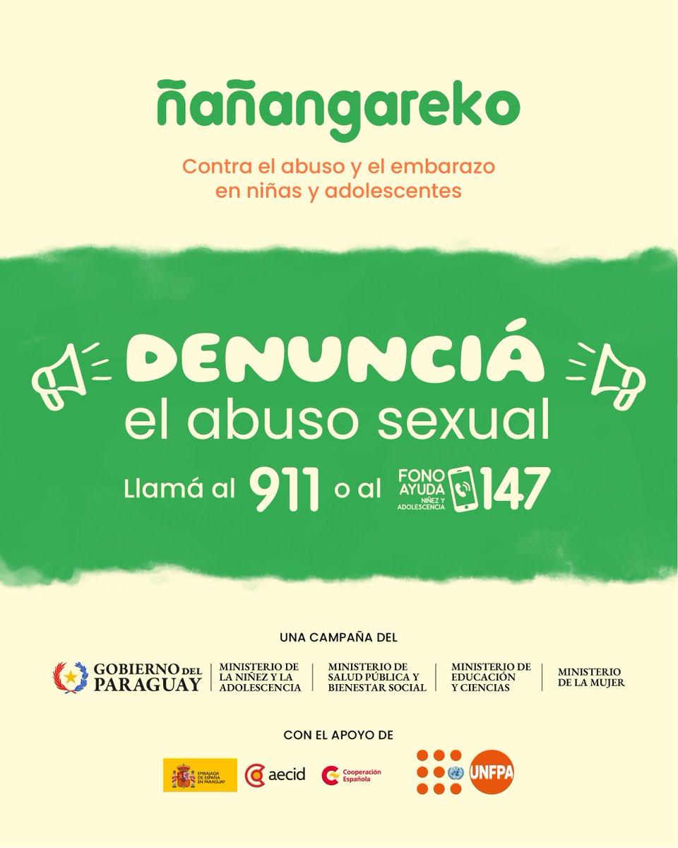 ⚠️ El embarazo en niñas nunca es un accidente ni una elección: siempre es consecuencia de un abuso.

📣 Denunciá al 911 o 147.

#Ñañangareko <a href="/MINNAParaguay/">Ministerio de la Niñez y la Adolescencia | Py</a> <a href="/msaludpy/">Ministerio de Salud</a> <a href="/MECpy/">MECpy</a> <a href="/minmujerpy/">Ministerio de la Mujer</a> <a href="/AECIDPARAGUAY/">AECID Paraguay</a> <a href="/UNFPAPy/">UNFPA en Paraguay</a>.

#TodosSomosResponsables