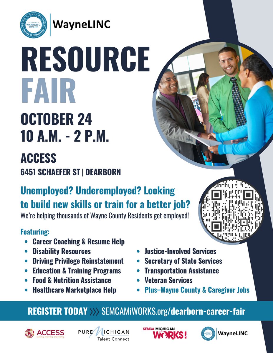 SEMCA Michigan Works! (@semcamiworks) on Twitter photo Lost your driving privileges? π π
Getting your license back could be the key to a new job, training, or independenceβand the #WayneLINC Resource Fair is here to help.
Walk-in or REGISTER π SEMCAMiWorks.org/dearborn-careeβ¦
π
Oct 24 | 10 AMβ2 PM
π ACCESS
6451 Schaefer St | Dearborn Lost your driving privileges? π π
Getting your license back could be the key to a new job, training, or independenceβand the #WayneLINC Resource Fair is here to help.
Walk-in or REGISTER π SEMCAMiWorks.org/dearborn-careeβ¦
π
Oct 24 | 10 AMβ2 PM
π ACCESS
6451 Schaefer St | Dearborn