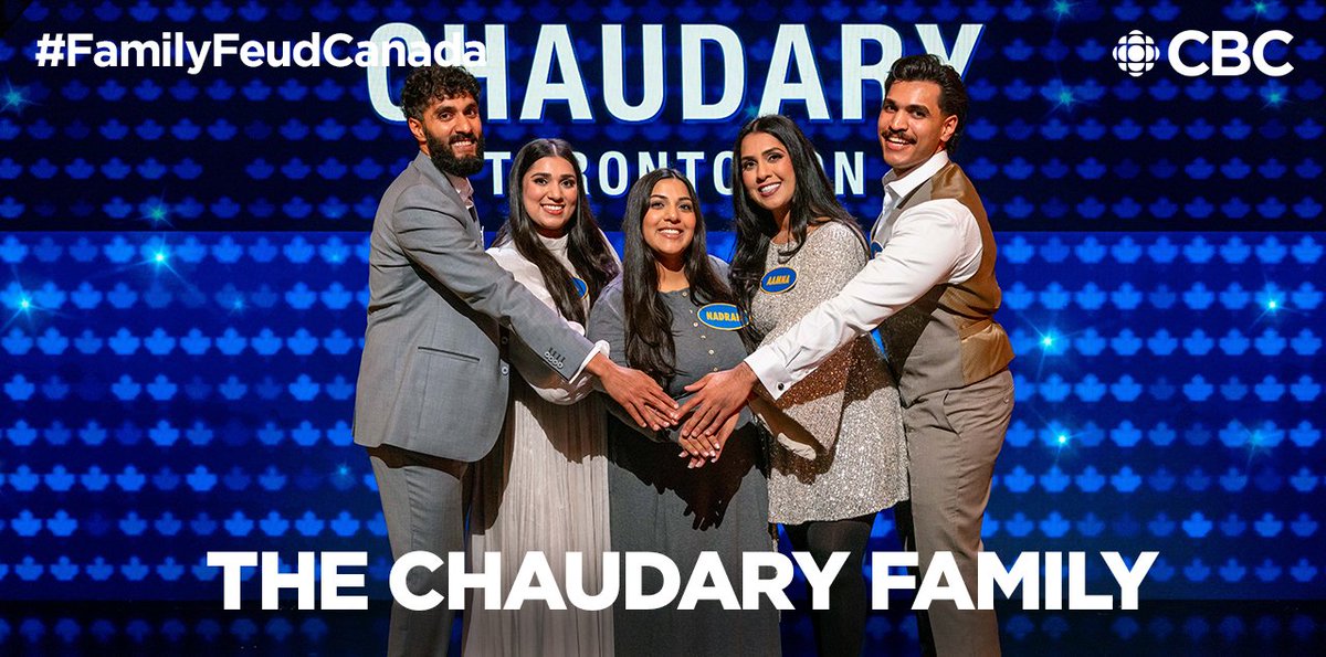 FamilyFeudCa's tweet photo. Tonight on a NEW EPISODE of Family Feud Canada, the Chaudary family returns to face the Pryce family.
📺 Watch Family Feud Canada every Mon-Thurs 7:30 (8NT) on CBC, hosted by Gerry Dee. https://t.co/koJDxY1dZ7