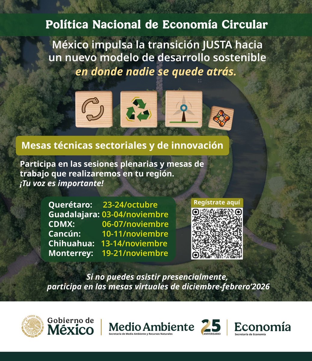 ✅ ¡Súmate a la construcción de la Política Nacional de #EconomíaCircular!

Participa en las sesiones plenarias y mesas de trabajo en tu región 🌎
Avancemos juntas y juntos hacia una transición justa y un desarrollo sostenible.

#SomosMedioAmbiente