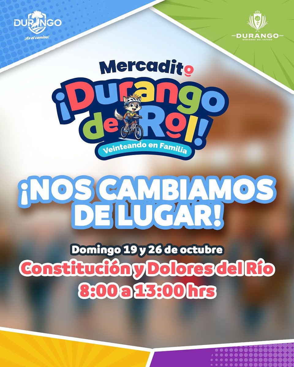‼️ ¡Importante Aviso! ‼️

El Mercadito #DurangoDeRol 🛼cambia de ubicación a Constitución y Dolores del Río, los domingos 19 y 26 de octubre por única ocasión.

📍No dejes de visitar este espacio de exposición y venta de productos artesanales duranguenses🤩