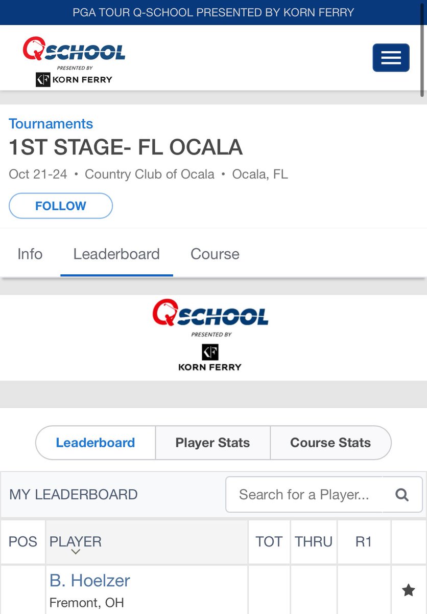 B Hoe will be at first stage of Korn Ferry Toue Q school next week in Ocala, FL 

October 21, 22, 23, 24

As always in Q school, no cut line — we won’t know exactly where he needs to place until it starts but it will likely be top 17-19 + ties advance  

Good luck at school B 📚
