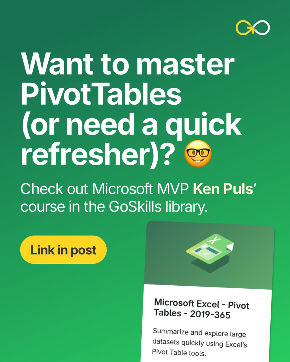 getgoskills's tweet image. ✨ P.S. Want to master #PivotTables — or just need a quick refresher?

👉 Take your skills further with Microsoft MVP @kpuls’  PivotTables course in the GoSkills library: goskills.com/course/Pivot-T…