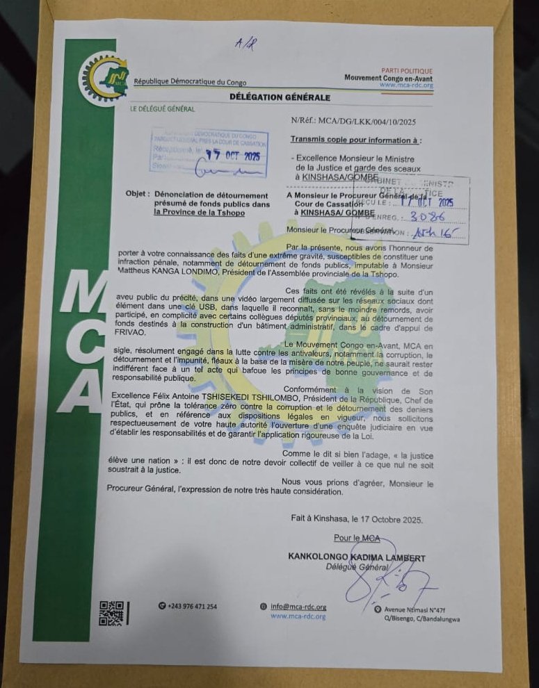bakadifuilaChri's tweet image. #DÉTOURNEMENT #TSHOPO
Ce 17 octobre 2025, le #MCA parti cher au Président @KasongoKas 3K 
a saisi le PG Cassation en dénonciation d'un détournement collectif présumé àl'assemblée provinciale de la Tshopo avec en tête son président qui est passé aux aveux