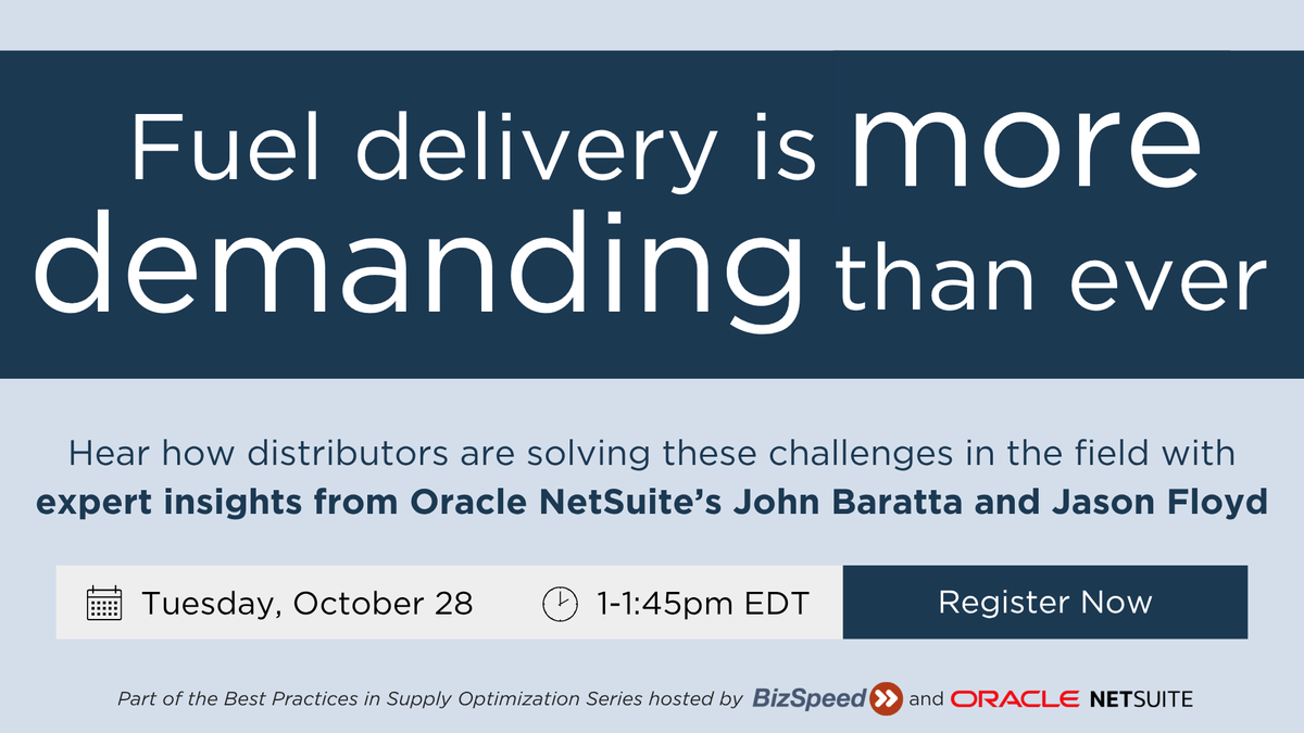 BizSpeed's tweet photo. Curious about best-in-class ERPs?  Still using paper or disconnected tools to manage deliveries?

On Oct 28 at 1p ET, Oracle @NetSuite experts show how distributors fix that with better logistics &amp; ERP integration.

Join the live session → https://t.co/ZBQFnVy2O1

#FuelLogistics https://t.co/GMxQWIT6gf
