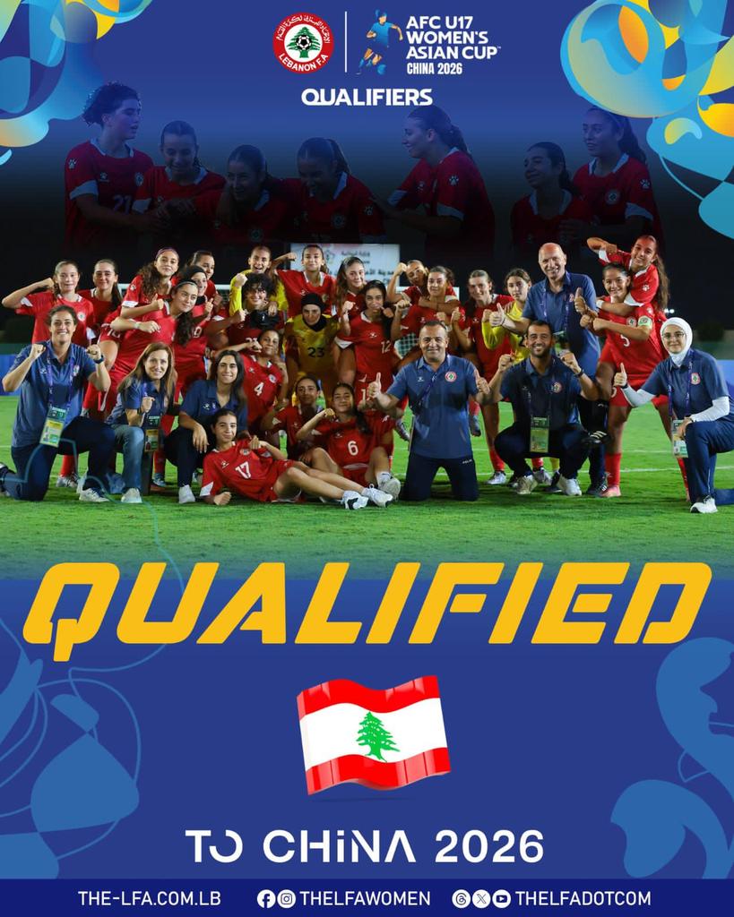 أهنئ منتخب لبنان للناشئات تحت 17 عامًا بمناسبة تأهله التاريخي إلى نهائيات كأس آسيا للمرة الأولى.

 إن هذا الإنجاز يعكس روح المثابرة والتفاني لدى اللاعبات والجهاز الفني، ويشكل خطوة مهمة في مسيرة تطوير كرة القدم النسائية في لبنان. 
كل التوفيق في الاستحقاقات المقبلة.