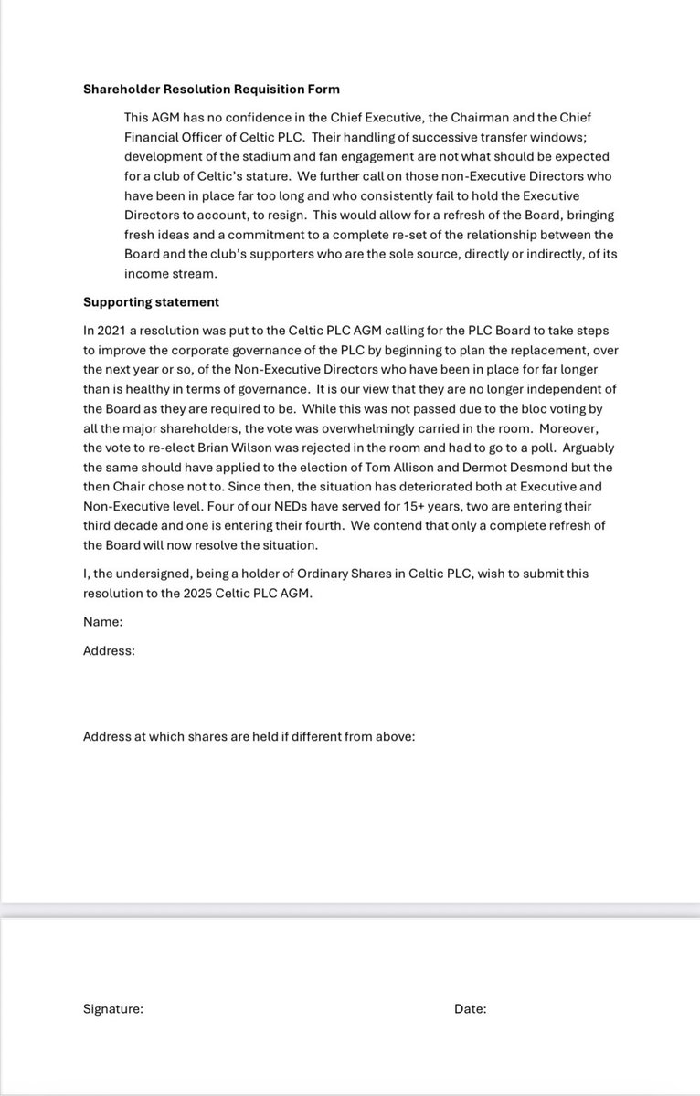 CELTIC PLC AGM

The requisition forms (includes the resolutions and supporting statements) for small shareholders to sign and return can be accessed here:

Form 1: celtictrust.net/wp-content/upl…

Form 2: celtictrust.net/wp-content/upl…