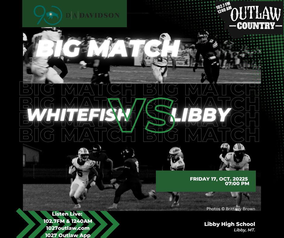 Gameday! <a href="/WhitefishFB/">Whitefish High Football</a> hits the road, looking to bounce back. A win clinches a playoff berth. Catch the call live on 102.7FM &amp; 1240AM. Kick-off at 7pm. Graphic fueled by <a href="/DADavidsonCo/">D.A. Davidson Companies</a> Kalispell/WF. #Whitefish #WHS #Bulldogs #WhitefishBulldogs #mtsports #OneTownOnePound