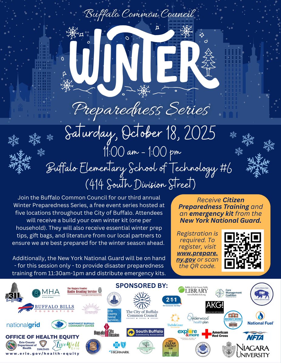 🚨 One day left until our fourth Winter Preparedness event of the season! 🚨

Stop by at 11 a.m. tomorrow, Saturday, October 18 at the Buffalo School of Technology (School 6) 414 S Division St. Get information and supplies to protect your family from the next severe winter storm.