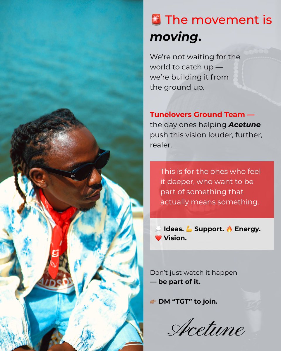 iamAcetune's tweet photo. Itโs bigger than music โ itโs a vision.
For the ones who feel it deeper and believe before the world does.
Tunelovers Ground Team.
DM โTGTโ to join.
#Acetune #Tunelovers #GroundTeam https://t.co/anutHAMFlr