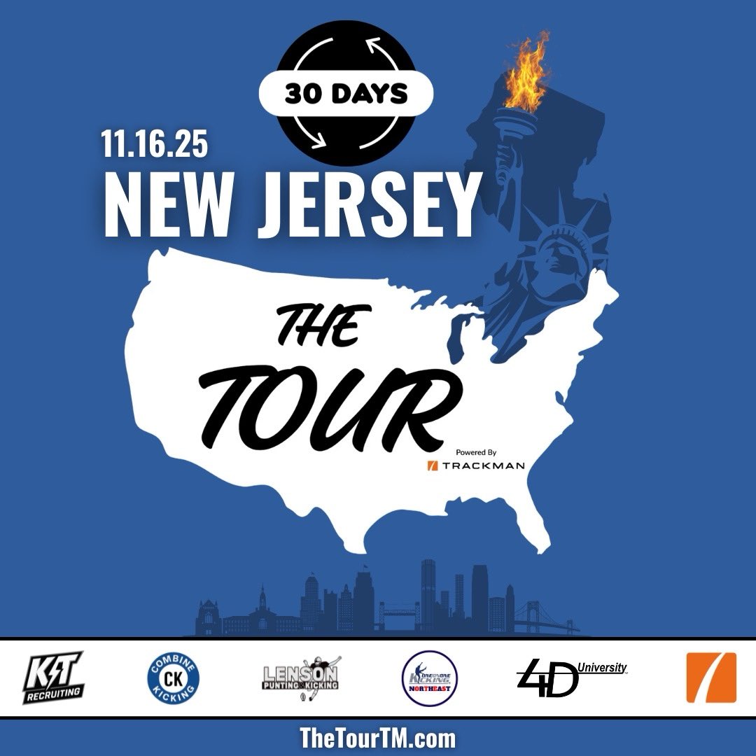 30 days out till <a href="/TheTourTM/">The Tour™️</a> is in New Jersey! 

Hosted by: <a href="/OneOnOneNJNYPA/">One On One Kicking Northeast</a>
Powered by: <a href="/TrackManFB/">TrackMan Football</a>
Registration: thetourtm.com/register/NewJe…

Who is the best in the Northeast?
#TheTour #Tour10 #TourAllAmerican