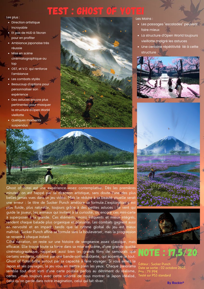 Mon 4 ème test illustré, j'ai adoré ce voyage au Japon ! 
Vous pouvez partager un max avec like et retweet ça serait cool ! 
Il s'agit de celui de #GhostofYotei !
J'ai essayé de bien illustrer celui-ci, vu que la direction artistique est son gros point fort ! 
<a href="/SuckerPunchProd/">Sucker Punch Productions</a>